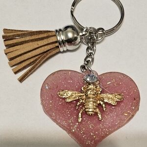 Pink Heart Keychain with Gold Bee Accent